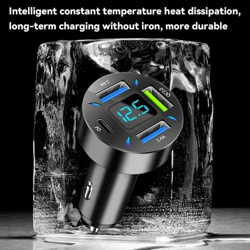 Vista 5 de Cargador de coche USB de 4 puertos, carga súper rápida USB QC 3.0 de 66 W, cargador adaptador USB con voltímetro LED para encendedor de cigarrillos