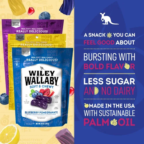 Vista 4 de Wiley Wallaby Paquete variado de regaliz – Dulces de regaliz de arándano, limonada y granada azul, estilo clásico gourmet australiano, suave