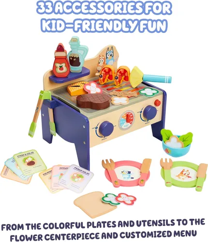 Vista 3 de Bluey 8th Wonder - Juego de juguetes de madera para ensalada y barbacoa, 33 piezas con pinzas, comida y 6 tarjetas de recetas, juguetes de cocina