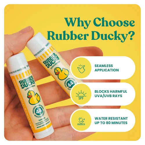 Vista 4 de Rubber Ducky Bálsamo labial con SPF 44, protector solar resistente al agua Vegano, sin tintar, sabor a vainilla, con vitamina E Todas
