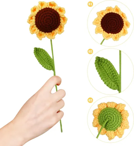 Vista 3 de Margarita artificial de ganchillo de girasol de punto con decoración de tallo hecho a mano para centros de mesa