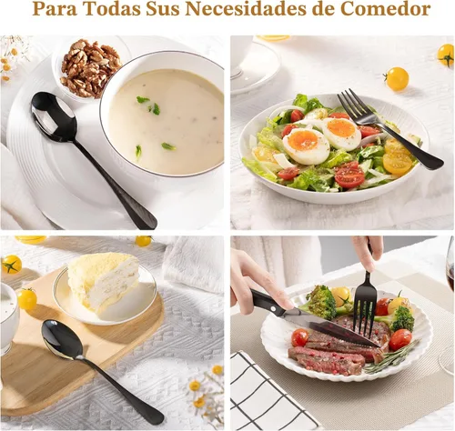Vista 7 de Astercook Juego de 24 piezas de cubiertos negros con cuchillos de carne, juego de cubiertos para 4, juego de cubiertos de acero inoxidable de grado