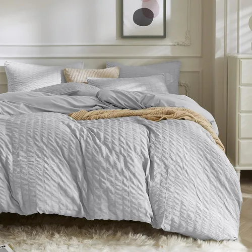 Vista 9 de JELLYMONI Funda de Edredón Azul Bebé Tamaño Twin, Juego de Ropa de Cama de Microfibra Lavada de 3 Piezas, Juego de Funda de Edredón Seersucker Suave