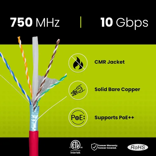 Vista 2 de TRUE CABLE Cable Ethernet a granel de elevación blindada Cat6A, 1000 pies, rojo, cobre sólido desnudo 23 AWG, 750 MHz, F/UTP, PoE++ 100 W