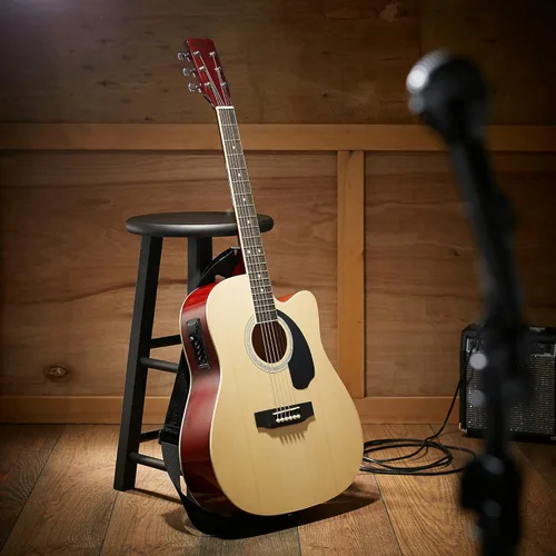 Vista 2 de Ashthorpe Paquete de guitarra acústico-eléctrica de tamaño completo Dreadnought Cutaway - Maderas tonales premium - Natural