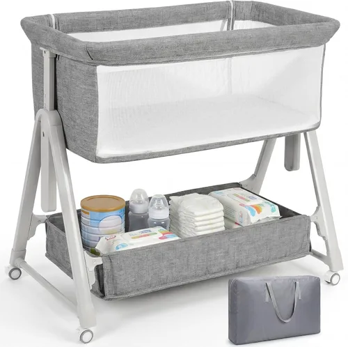 Cowiewie Moisés para bebé, cuna 3 en 1 con cómodo colchón y ruedas, fácil de plegar portátil, con almacenamiento, bolsa de viaje, malla Gris