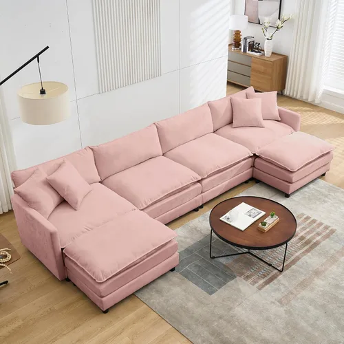 Vista 10 de Sofá modular modular de pana de 108.27 pulgadas, moderno juego de sofá para sala de estar con 3 asientos, 1 otomana y 3 almohadas, cómodos sofás