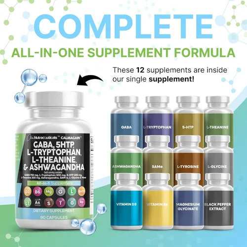 Vista 2 de Clean Nutraceuticals GABA 750mg 5 HTP 200mg L Triptófano 500mg L Teanina 200mg Ashwagandha SAM-e L-Glicina - Vitaminas de apoyo al estado de ánimo