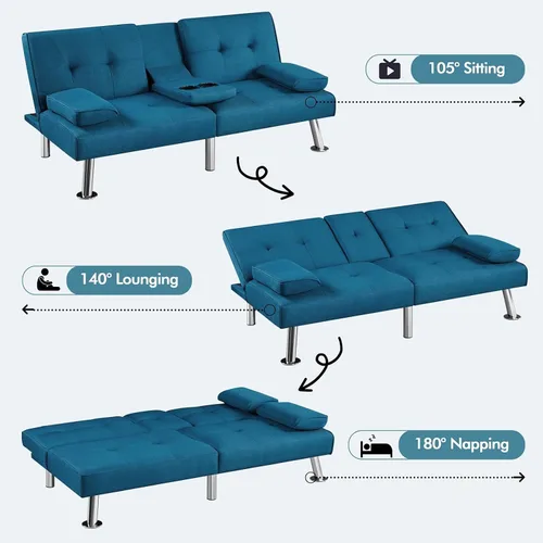 Vista 15 de Yaheetech Sofá biplaza cama, convertible, tela, ajustable, moderno, reclinable, reversible, plegable, reposabrazos extraíbles, portavasos, 3