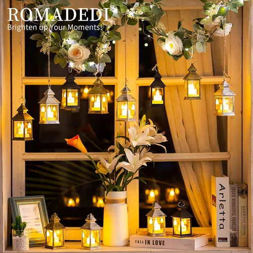 Vista 3 de Romadedi Mini faroles decorativos para centro de mesa, 10 faroles pequeños colgantes dorados a granel con velas LED parpadeantes para decoración