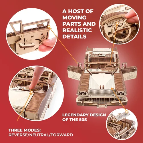 Vista 3 de UGEARS Dream Cabriolet VM-05 Rompecabezas 3D de madera para adultos – Rompecabezas de madera 3D para adultos – Kit de coche modelo mecánico – Arte