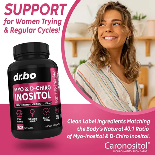 Vista 4 de Cápsulas de suplemento de mio-inositol y D-Chiro inositol y berberina - Apoya el equilibrio hormonal, ciclo menstrual regular, salud de la mujer