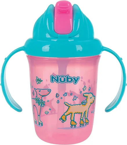 Vista 3 de Nuby Vaso impreso de 2 asas antiderrames Flip-it Fat Straw - 8 oz/ 8.1 fl oz, más de 12 meses, 1 paquete de impresiones pueden variar