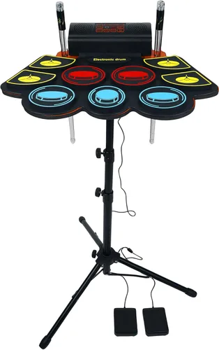 Juego de batería eléctrica para niños, almohadilla electrónica con baquetas iluminadas y soporte de batería, altavoces dobles integrados y batería