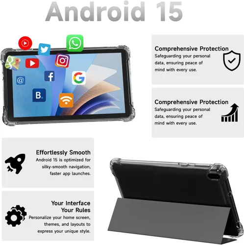 Vista 3 de BYANDBY Tablet 7 pulgadas Android 15.0 Tablet, 8GB+32GB ROM (1TB Expand), Quad-Core, WiFi, GMS, Cámara dual, Educativo, Juegos (negro)