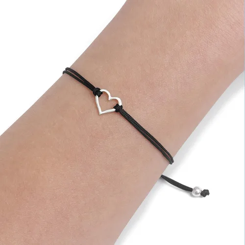Vista 2 de Pulsera negra de la amistad para mujer, pequeña plata de ley 925 con dije en forma de corazón abierto, hilo ajustable de cordón ajustable, hecho a