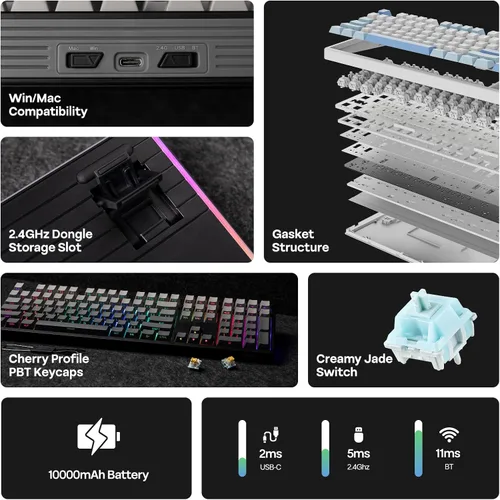 Vista 2 de EPOMAKER TH108 Teclado mecánico de tamaño completo, teclado inalámbrico para juegos con batería de 8000 mAh, junta cremosa, 108 teclas, intercambio