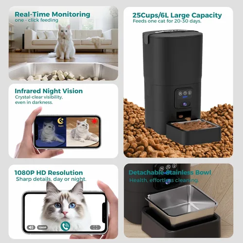 Vista 4 de PAPIFEED Comedero automático para gatos con cámara, 1080P HD y visión nocturna, dispensador de comida para gatos de 6 litros con aplicación