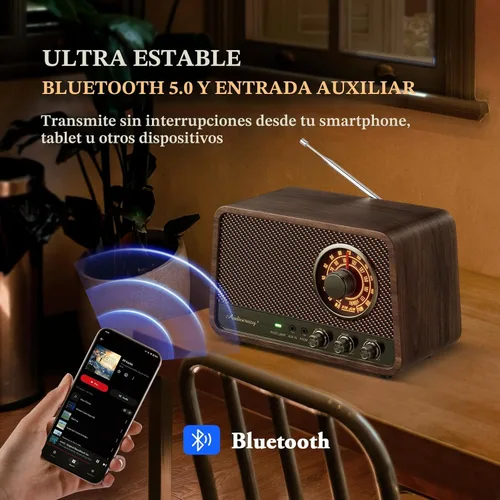 Vista 4 de Radio Bluetooth AM FM de madera vintage con sonido potente de 10 vatios, radio con altavoz Bluetooth retro con esfera suave brillante, control