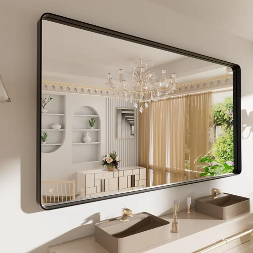 Vista 90 de LOAAO Espejo de baño dorado de 28 x 36 pulgadas, espejo rectangular redondeado con marco dorado, espejo de tocador de baño dorado cepillado montado