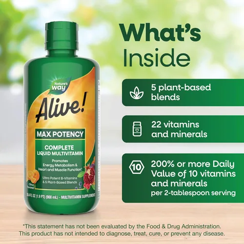 Vista 4 de Nature's Way Alive! Max Potency Complete Liquid Multivitamin for Women and Men with Antioxidant Beta Carotene, Vitamins C & E and Food-Based Blends