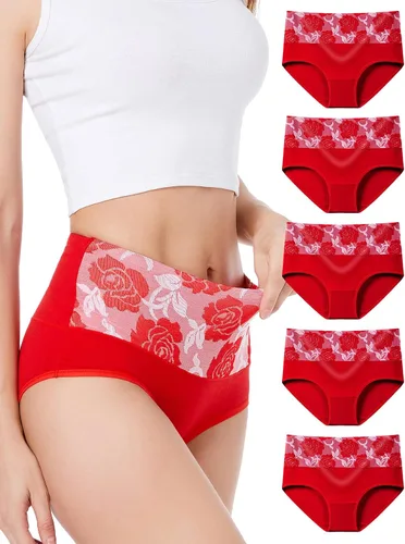 Vista 9 de HAVVIS Bragas Ropa Interior de Mujer de Algodón Cintura Alta Control Abdominal Panties Rosa Jacquard para Damas Multipack Calzoncillos 01 - Paquete
