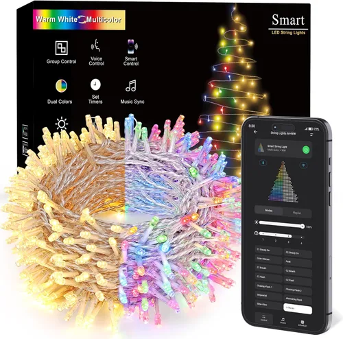 Vista 12 de BrizLabs - Luces de Navidad inteligentes, 100 luces LED que cambian de color, 33 pies, control por aplicación/voz, luces de árbol de Navidad