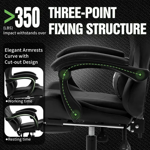 Vista 4 de Silla de juegos con reposapiés, silla ergonómica para computadora para adultos, reposacabezas ajustable, almohada lumbar, silla reclinable de gran