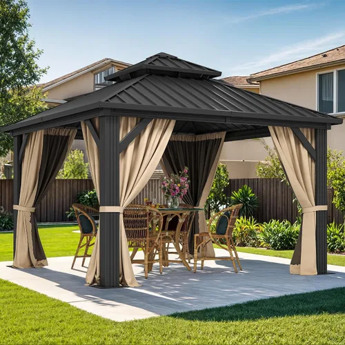 DWVO Gazebo de techo rígido de 10 x 10 pies, techo doble con redes y cortinas, techo de rayas verticales de acero galvanizado resistente para patio,