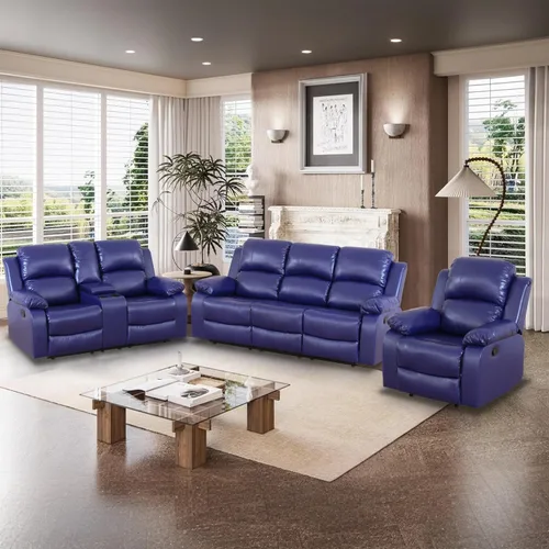 Vista 36 de Juego de Muebles para Sala de Estar, Juego de Sofá Reclinable Manual, Juegos de Sofás Reclinables de Cuero Beige con Mesa Desplegable, Sofá