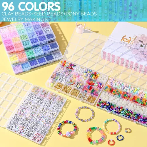 Vista 2 de SJZWSD Kit para Hacer Pulseras de la Amistad – 6 Cajas de Cuentas Pony, de Semilla, de Arcilla y de Letras, Cuentas UV que Brillan en la Oscuridad