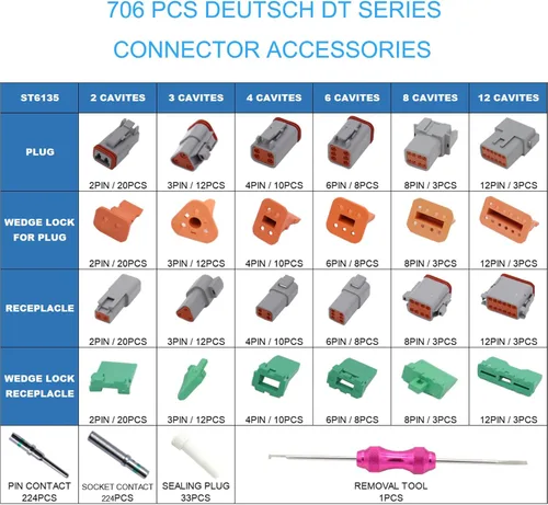 Vista 2 de 706 piezas para el kit de conectores Deutsch DT, gris 2 3 4 6 8 12 pines para conectores DT con contactos sólidos, herramienta de extracción