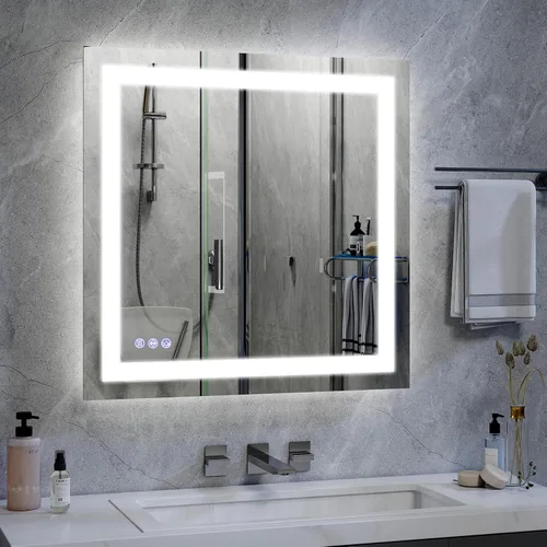 Vista 14 de VooBang Espejo LED de pared con luces, espejo de baño de 24 x 32 pulgadas, botón para ajustar las luces, tres modos de iluminación, vidrio templado
