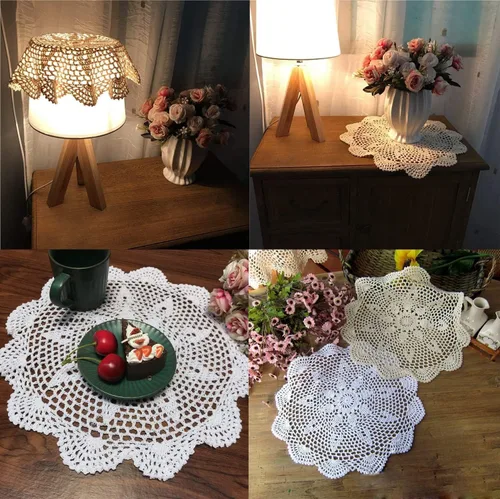 Vista 3 de Damanni Mantel de encaje hecho a mano de algodón hecho a mano, redondo, beige, 12 pulgadas