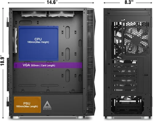 Vista 4 de Montech X3 Mesh, 6 ventiladores - 3X 140mm & 3X 120mm Ventiladores fijos con iluminación RGB, carcasa ATX de media torre para PC Gaming, USB 3.0