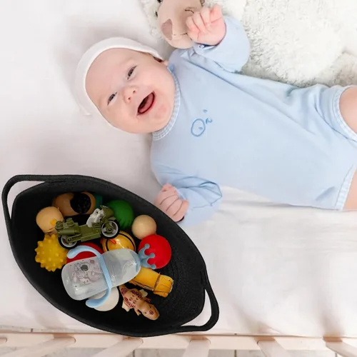 Vista 7 de MEGASKET Cesta tejida negra, cesta de juguetes linda para perros de 13" x 9" x 5", caja de almacenamiento de cuerda de algodón suave, cubo