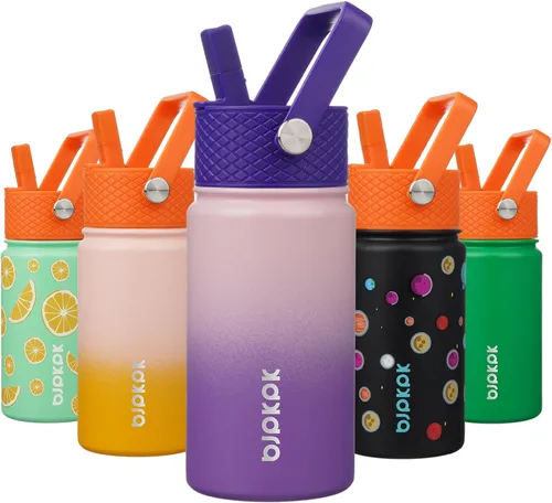 Vista 85 de BJPKPK Botella de Agua Aislada con Tapa de Pajita, 15 oz Botellas de Agua de Acero Inoxidable, Reutilizable a Prueba de Fugas sin BPA Termo, Frasco
