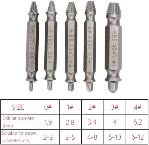 Vista 4 de Kit de extractor de tornillos de 5 piezas, para fácil extracción de herrajes oxidados y rotos, tornillos de cabeza pelada, tornillos y brocas