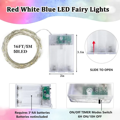 Vista 104 de Paquete de 2 guirnaldas de luces LED, funcionan con pilas, 5 m, 50 luces intermitentes, temporizador, impermeables, para habitaciones, bodas