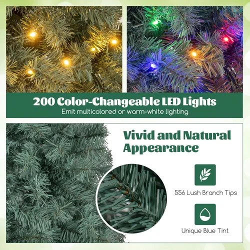 Vista 3 de Goplus Árbol de Navidad de 6.5 pies preiluminado de color azul, delgado, árbol de Navidad artificial con bisagras con 200 luces LED blancas cálidas