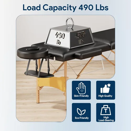 Vista 5 de Brelley Mesa de masaje portátil de madera para pestañas, 24 pulgadas de ancho, altura ajustable, mesa de spa de 2 pliegues, cama plegable