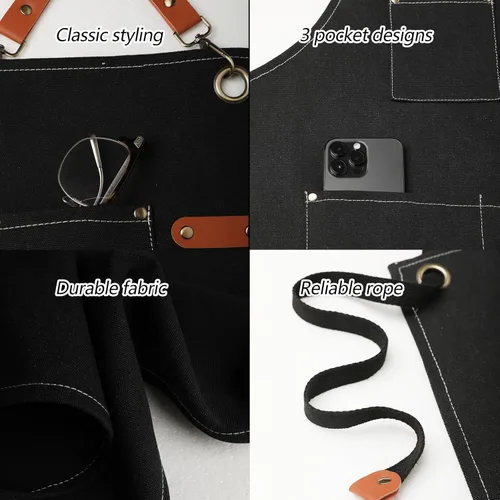 Vista 7 de Adjustable Canvas Apron with 3 Pockets for Men Women,Cross Back Work Apron,Durable Kitchen Apron for Cooking