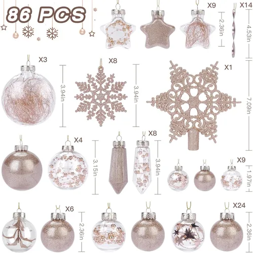 Vista 2 de SHareconn Juego de 86 adornos transparentes para árbol de Navidad, bolas de plástico irrompibles y transparentes para decoración de árbol de Champán