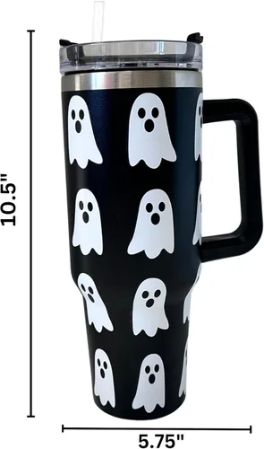 Vista 2 de Lashicorn Ghost Boo - Vaso de 40 onzas con asa, diseño moderno de Halloween, con tapa y pajilla, diseño en blanco y negro