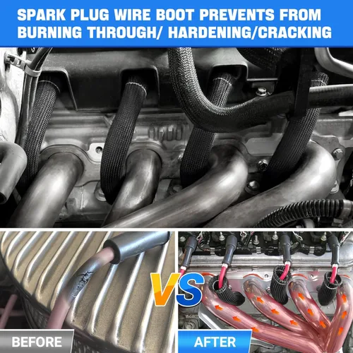 Vista 4 de Cable de bujía de protección contra el calor de la manga de 2500 ° de la bujía protector de arranque Botas Wrap para SBC BBC 350 454 8 piezas tapas