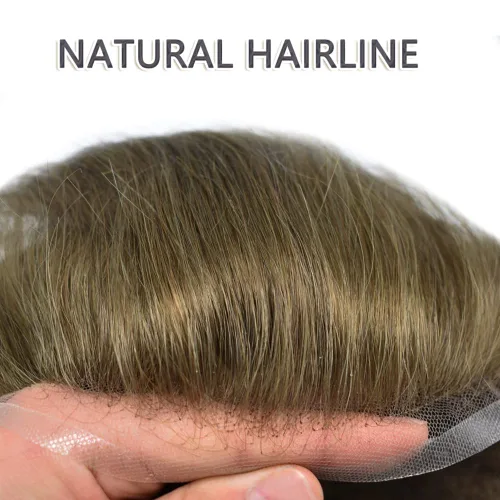 Vista 393 de Toupee - Sistemas de reemplazo de cabello para hombre, encaje frontal suizo, nudo blanqueado, pieza de cabello humano natural