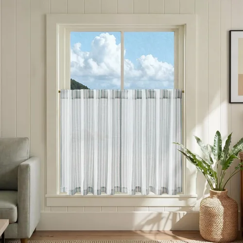 Vista 27 de jinchan - Cortinas de lino a rayas para cocina de 20 pulgadas de largo, cortinas de varios niveles, estilo granja moderna de café, tratamientos