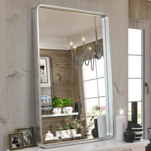 Vista 62 de TETOTE Espejo de marco dorado cepillado de 16 x 24 pulgadas, espejo de tocador de baño de latón dorado para pared, espejo enmarcado rectangular
