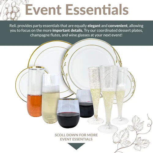 Vista 6 de Reli. Copas de champán de plástico Paquete de 100 4.5 onzas – Purpurina dorada Copas de champán de plástico premium Fiesta perfecta