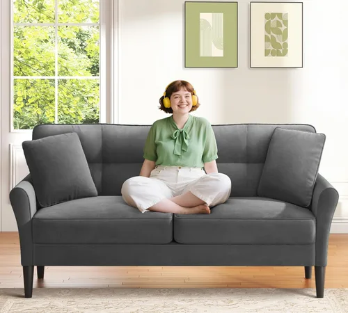 Vista 15 de Sofá biplaza de 69 pulgadas, sofás pequeños de terciopelo para espacios pequeños, sofás de dos plazas con 2 almohadas, sofás de dos plazas